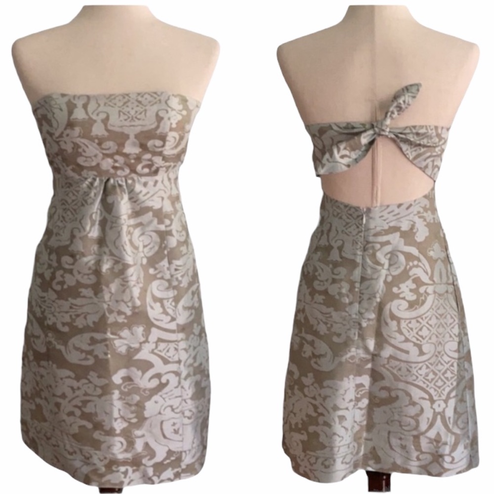 Molly B. Silk Strapless Tan & Light Pastel Blue Jacquard Shift Mini Dress - 0